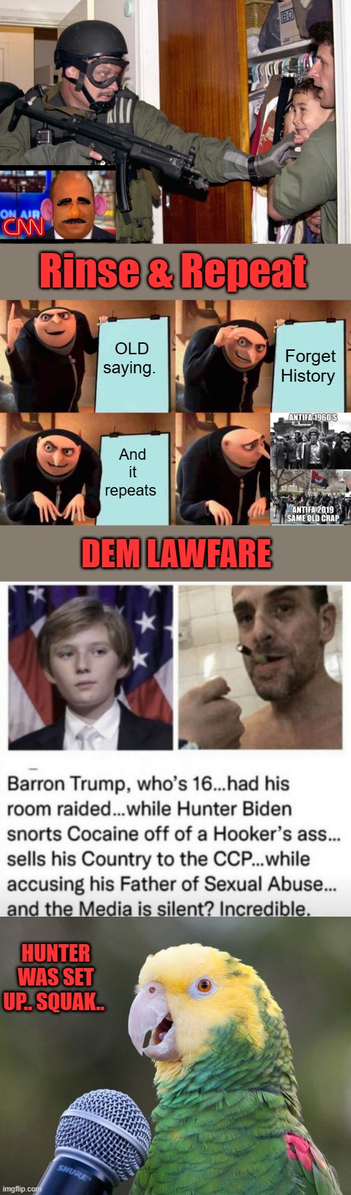 Rinse & Repeat; OLD saying. Forget History; And it repeats; DEM LAWFARE; HUNTER WAS SET UP.. SQUAK.. | image tagged in memes,gru's plan | made w/ Imgflip meme maker