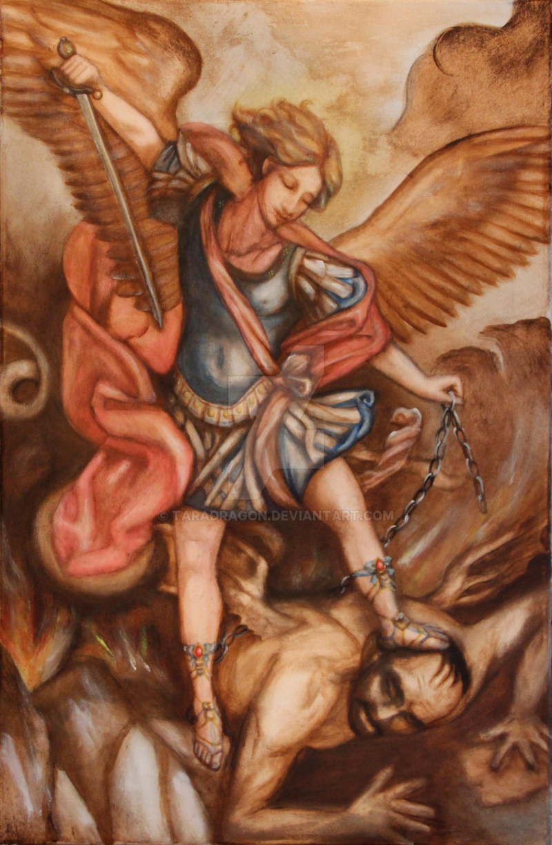 Archangel Michael attacking evil satan devil Blank Meme Template