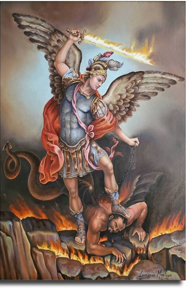 Archangel Michael attacking evil satan devil Blank Meme Template