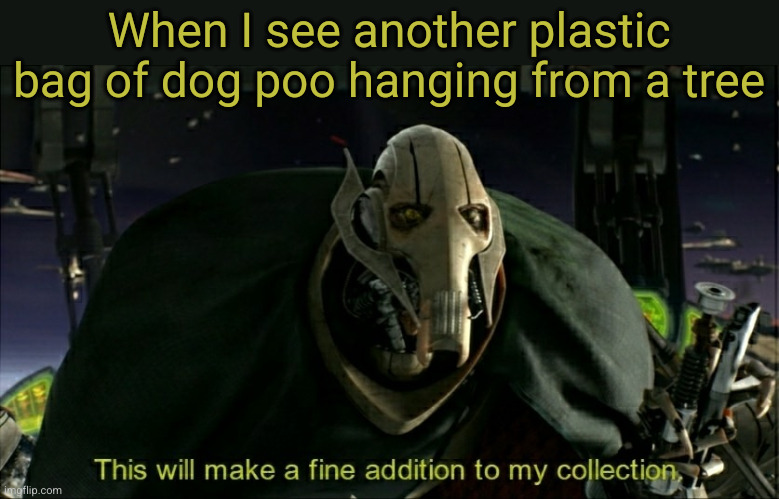 Fine addition | When I see another plastic bag of dog poo hanging from a tree | image tagged in this will make a fine addition to my collection,dog poo,plastic bag,tree,oh wow are you actually reading these tags | made w/ Imgflip meme maker