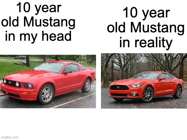 2015 being 10 years ago (on how old is the 6th gen Mustang now) | 10 year old Mustang in my head; 10 year old Mustang in reality | image tagged in car | made w/ Imgflip meme maker