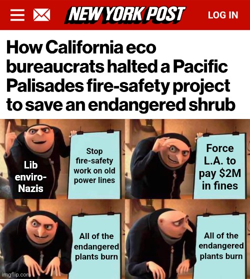 Stop fire-safety
work on old
power lines; Force
L.A. to
pay $2M
in fines; Lib
enviro-
Nazis; All of the
endangered
plants burn; All of the
endangered
plants burn | image tagged in memes,gru's plan,california fires,democrats,los angeles,enviro-arson | made w/ Imgflip meme maker