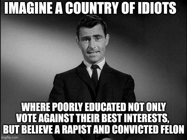 Trump trash | IMAGINE A COUNTRY OF IDIOTS; WHERE POORLY EDUCATED NOT ONLY
VOTE AGAINST THEIR BEST INTERESTS, 
BUT BELIEVE A RAPIST AND CONVICTED FELON | image tagged in rod serling twilight zone,idiots | made w/ Imgflip meme maker