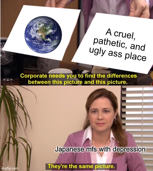 They also written songs about how they want to commit lowtiergod advice just because their life is unlucky | A cruel, pathetic, and ugly ass place; Japanese mfs with depression | image tagged in memes,they're the same picture | made w/ Imgflip meme maker