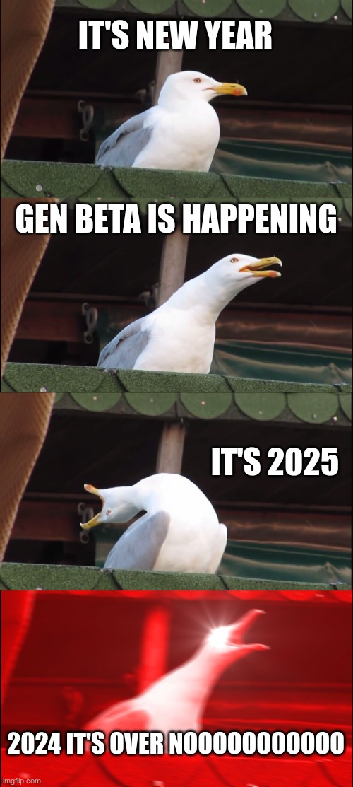 Happy new year | IT'S NEW YEAR; GEN BETA IS HAPPENING; IT'S 2025; 2024 IT'S OVER NOOOOOOOOOOO | image tagged in memes,inhaling seagull | made w/ Imgflip meme maker