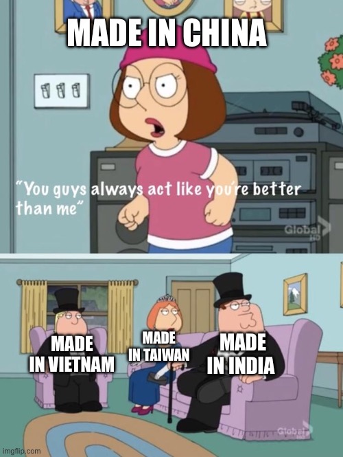 Meg family guy you always act you are better than me | MADE IN CHINA; MADE IN VIETNAM; MADE IN TAIWAN; MADE IN INDIA | image tagged in meg family guy you always act you are better than me | made w/ Imgflip meme maker