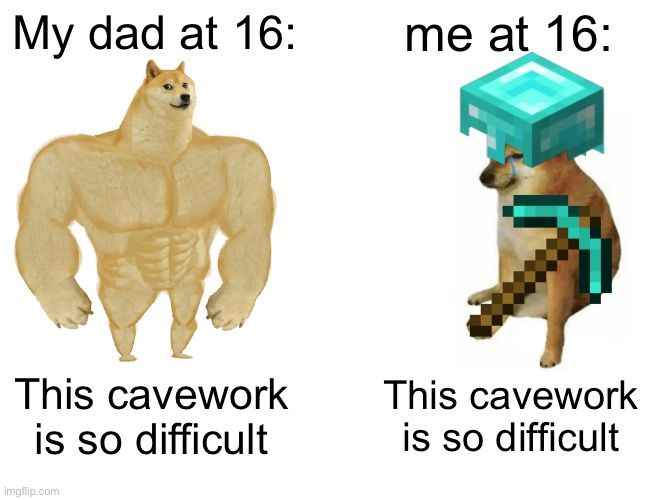 Buff Doge vs. Cheems | My dad at 16:; me at 16:; This cavework is so difficult; This cavework is so difficult | image tagged in memes,buff doge vs cheems | made w/ Imgflip meme maker