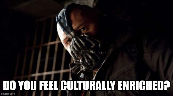 Permission Bane Meme | DO YOU FEEL CULTURALLY ENRICHED? | image tagged in memes,permission bane | made w/ Imgflip meme maker