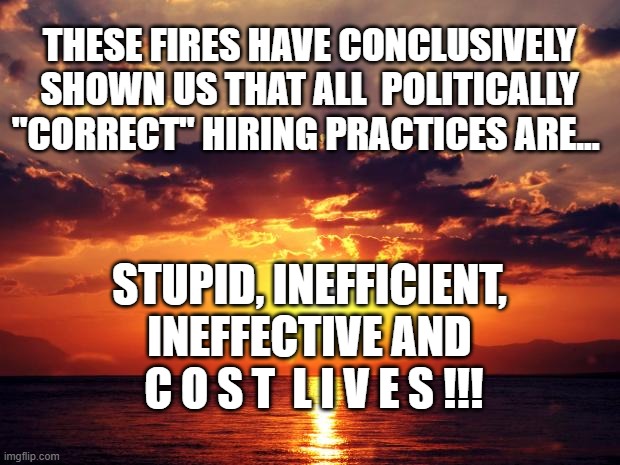 Sunset | THESE FIRES HAVE CONCLUSIVELY SHOWN US THAT ALL  POLITICALLY "CORRECT" HIRING PRACTICES ARE... STUPID, INEFFICIENT, INEFFECTIVE AND  C O S T  L I V E S !!! | image tagged in sunset | made w/ Imgflip meme maker