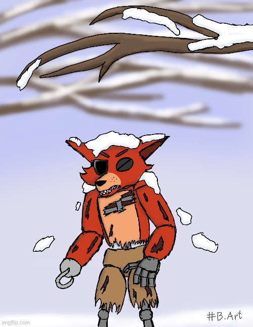 Foxy outside | image tagged in fnaf,foxy,winter,digital art | made w/ Imgflip meme maker