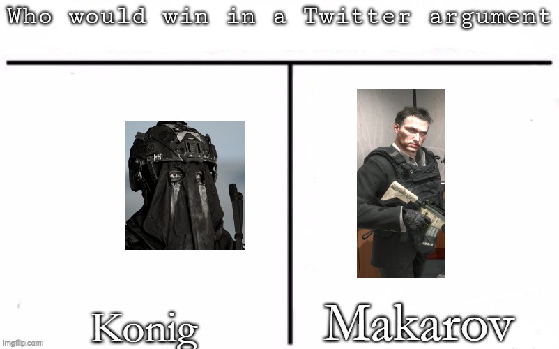 Pitting random mfs against each other | Makarov; Konig | image tagged in pitting random mfs against each other,msmg,memes | made w/ Imgflip meme maker