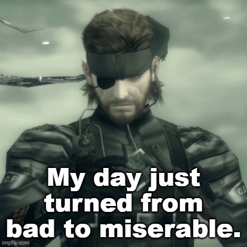 Metal Gear Solid Snake | My day just turned from bad to miserable. | image tagged in metal gear solid snake | made w/ Imgflip meme maker