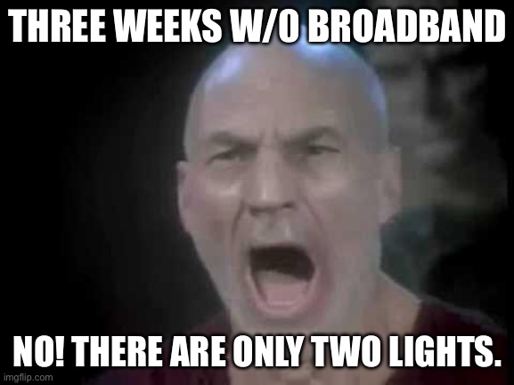 Internet connection dropped | THREE WEEKS W/0 BROADBAND; NO! THERE ARE ONLY TWO LIGHTS. | image tagged in picard four lights | made w/ Imgflip meme maker