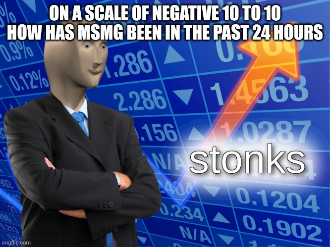 stonks | ON A SCALE OF NEGATIVE 10 TO 10 HOW HAS MSMG BEEN IN THE PAST 24 HOURS | image tagged in stonks | made w/ Imgflip meme maker