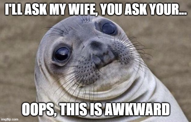 I'LL ASK MY WIFE, YOU ASK YOUR... OOPS, THIS IS AWKWARD | image tagged in memes,awkward moment sealion | made w/ Imgflip meme maker