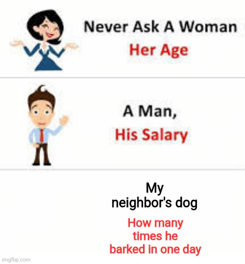 *Dog barks intestifies* | My neighbor's dog; How many times he barked in one day | image tagged in never ask a woman her age,memes,funny,dogs | made w/ Imgflip meme maker