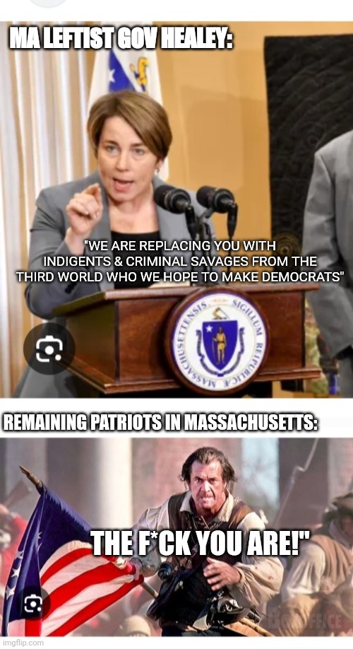 Time For Another Revolution MA | MA LEFTIST GOV HEALEY:; "WE ARE REPLACING YOU WITH INDIGENTS & CRIMINAL SAVAGES FROM THE THIRD WORLD WHO WE HOPE TO MAKE DEMOCRATS"; REMAINING PATRIOTS IN MASSACHUSETTS:; THE F*CK YOU ARE!" | image tagged in libtard,morons,communist socialist,losers,epic fail | made w/ Imgflip meme maker