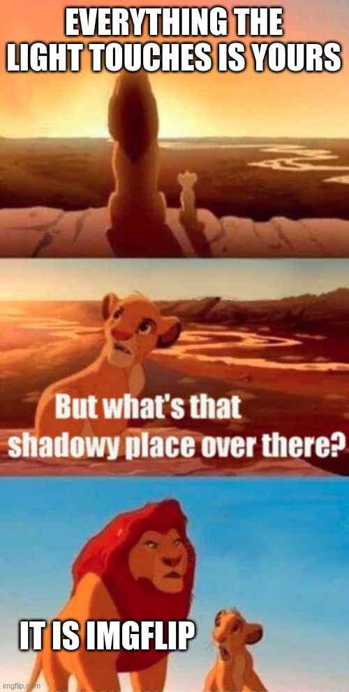 Simba Shadowy Place Meme | EVERYTHING THE LIGHT TOUCHES IS YOURS; IT IS IMGFLIP | image tagged in memes,simba shadowy place | made w/ Imgflip meme maker