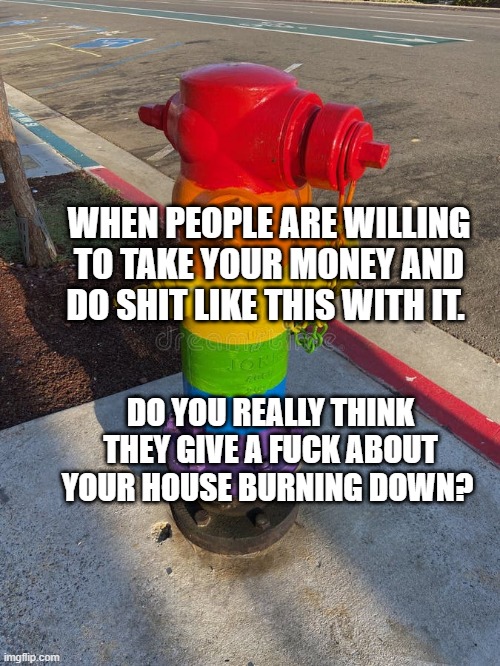 Rainbow fire hydrant | WHEN PEOPLE ARE WILLING TO TAKE YOUR MONEY AND DO SHIT LIKE THIS WITH IT. DO YOU REALLY THINK THEY GIVE A FUCK ABOUT YOUR HOUSE BURNING DOWN? | image tagged in rainbow fire hydrant | made w/ Imgflip meme maker