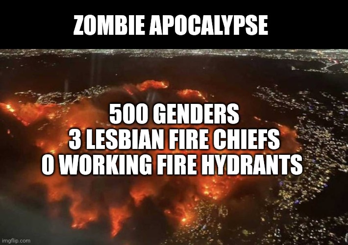 ZOMBIE APOCALYPSE; 500 GENDERS
3 LESBIAN FIRE CHIEFS
0 WORKING FIRE HYDRANTS | made w/ Imgflip meme maker