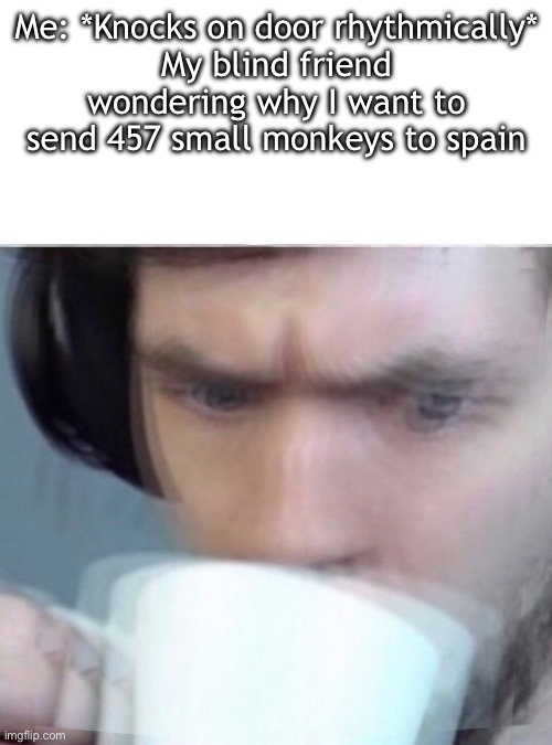 Uhhh idk | Me: *Knocks on door rhythmically*
My blind friend wondering why I want to send 457 small monkeys to spain | image tagged in concerned sean intensifies,what | made w/ Imgflip meme maker