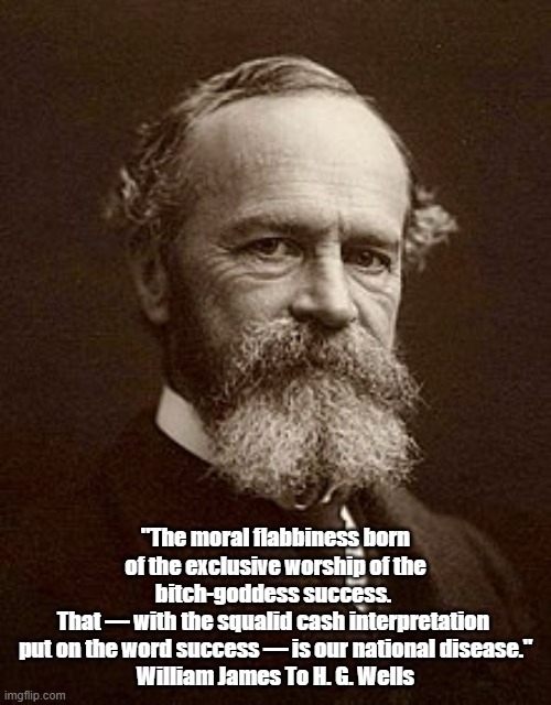 "On Worshipping The Bitch-Goddess Success," William James | "The moral flabbiness born of the exclusive worship of the bitch-goddess success. 
That — with the squalid cash interpretation 
put on the word success — is our national disease."
William James To H. G. Wells | image tagged in william james,success,bitch goddess,moral flabbiness,our national disease,squalid squalor | made w/ Imgflip meme maker