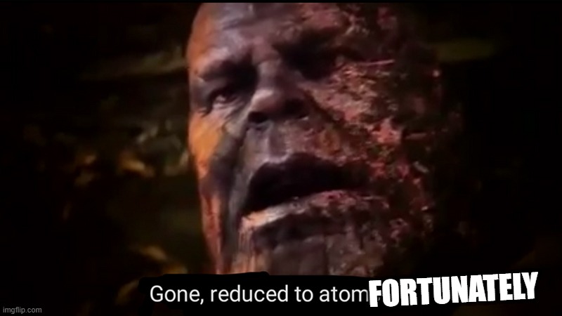 Thanos gone, reduced to atoms | FORTUNATELY | image tagged in thanos gone reduced to atoms | made w/ Imgflip meme maker