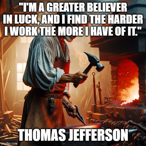 Work Hard | "I'M A GREATER BELIEVER IN LUCK, AND I FIND THE HARDER I WORK THE MORE I HAVE OF IT."; THOMAS JEFFERSON | image tagged in hard work,wisdom,thomas jefferson | made w/ Imgflip meme maker