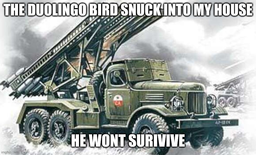 read this if you are duolingo | THE DUOLINGO BIRD SNUCK INTO MY HOUSE; HE WONT SURIVIVE | image tagged in katyusha rocket launcher,duolingo bird | made w/ Imgflip meme maker