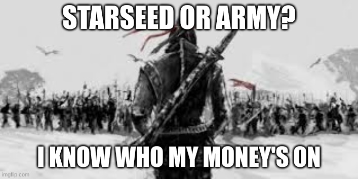 Every starseed faces an army of haters | STARSEED OR ARMY? I KNOW WHO MY MONEY'S ON | image tagged in starseed,lightworker,angel | made w/ Imgflip meme maker