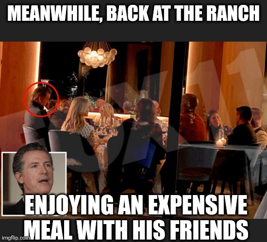 MEANWHILE, BACK AT THE RANCH ENJOYING AN EXPENSIVE MEAL WITH HIS FRIENDS | made w/ Imgflip meme maker