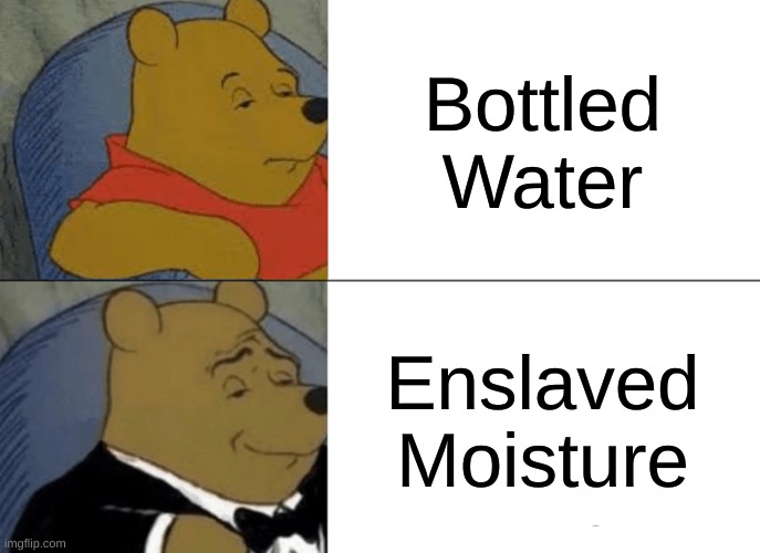 Fancy... | Bottled Water; Enslaved Moisture | image tagged in memes,tuxedo winnie the pooh | made w/ Imgflip meme maker