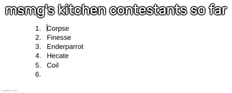 msmg's kitchen contestants so far | made w/ Imgflip meme maker