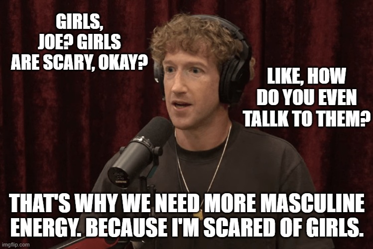 Zuck is still a cuck. | GIRLS, JOE? GIRLS ARE SCARY, OKAY? LIKE, HOW DO YOU EVEN TALLK TO THEM? THAT'S WHY WE NEED MORE MASCULINE ENERGY. BECAUSE I'M SCARED OF GIRLS. | made w/ Imgflip meme maker