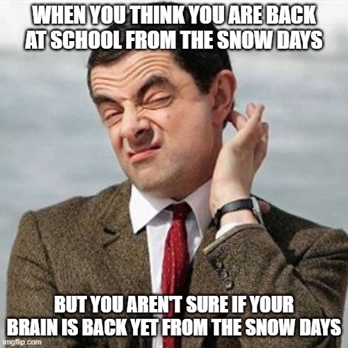 Snow Days | WHEN YOU THINK YOU ARE BACK AT SCHOOL FROM THE SNOW DAYS; BUT YOU AREN'T SURE IF YOUR BRAIN IS BACK YET FROM THE SNOW DAYS | image tagged in not sure,snow day,teachers | made w/ Imgflip meme maker