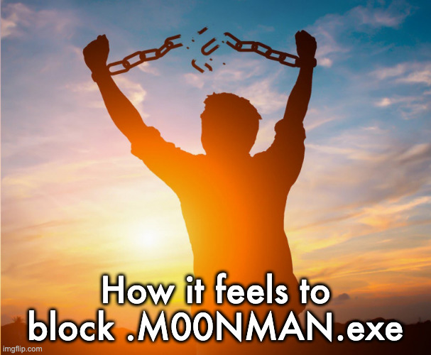 Very very very very very rarely do I ever block people | How it feels to block .M00NMAN.exe | image tagged in man breaking free from chains over the sunset | made w/ Imgflip meme maker