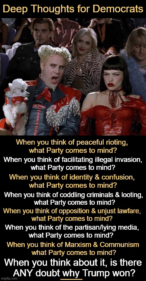 Ponder this... | Deep Thoughts for Democrats; When you think of peaceful rioting, 
what Party comes to mind? When you think of facilitating illegal invasion,
what Party comes to mind? When you think of identity & confusion, 
what Party comes to mind? When you think of coddling criminals & looting, 
what Party comes to mind? When you think of opposition & unjust lawfare, 
what Party comes to mind? When you think of the partisan/lying media, 
what Party comes to mind? When you think of Marxism & Communism 
what Party comes to mind? When you think about it, is there 
ANY doubt why Trump won? ____ | image tagged in i can explain,the truth,democrat platform,something's wrong i can feel it,political humor,americans last | made w/ Imgflip meme maker