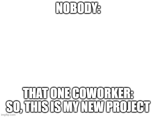 NOBODY:; THAT ONE COWORKER: SO, THIS IS MY NEW PROJECT | image tagged in nobody | made w/ Imgflip meme maker