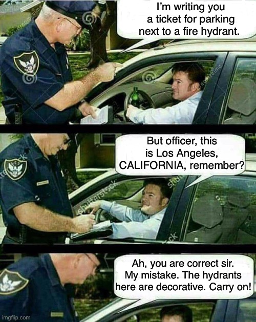 At least the hydrants are painted in the LGBTQIA++++++ colors though. | I’m writing you a ticket for parking next to a fire hydrant. But officer, this is Los Angeles, CALIFORNIA, remember? Ah, you are correct sir. My mistake. The hydrants here are decorative. Carry on! | image tagged in handicap parking,looney liberals,worthless virtue signaling,recall gavin newsome | made w/ Imgflip meme maker