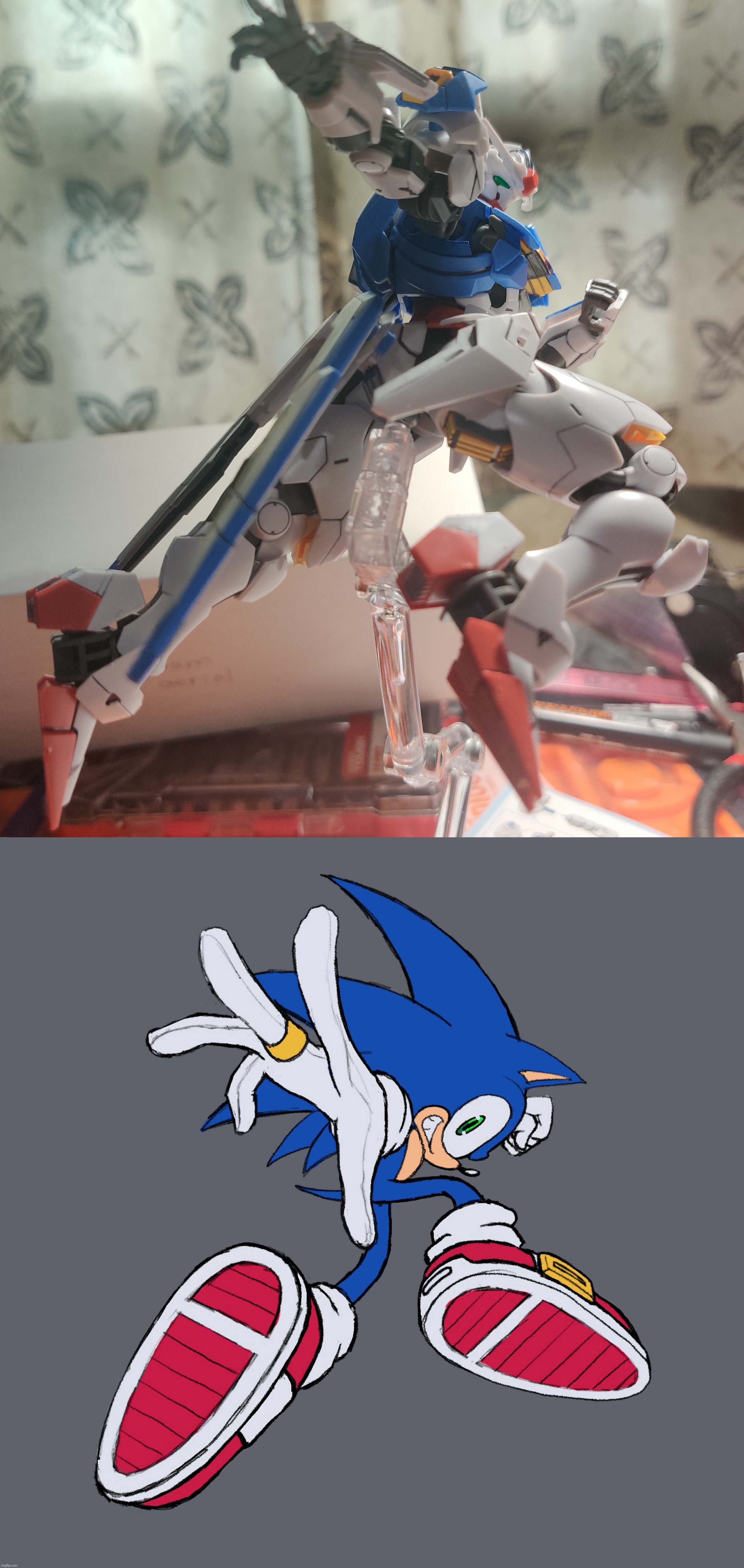 Decided to try that one sonic pose trend with a Gundam model, how'd I do? | made w/ Imgflip meme maker