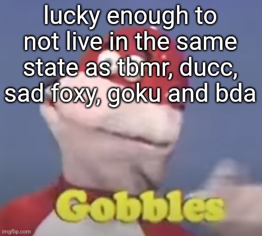 gobbles | lucky enough to not live in the same state as tbmr, ducc, sad foxy, goku and bda | image tagged in gobbles | made w/ Imgflip meme maker