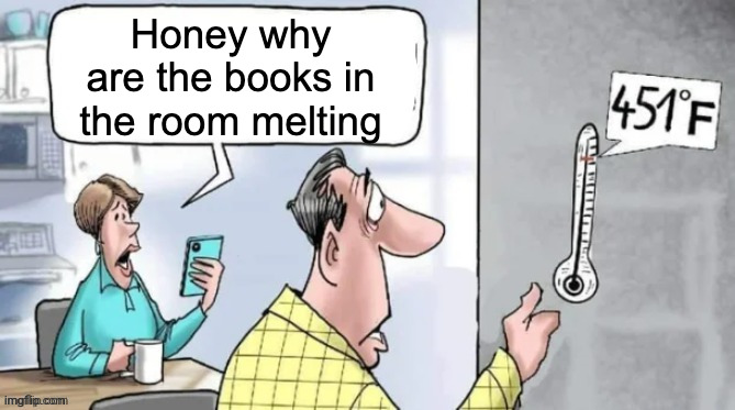 Fahrenheit 451 | Honey why are the books in the room melting | image tagged in fahrenheit 451 | made w/ Imgflip meme maker