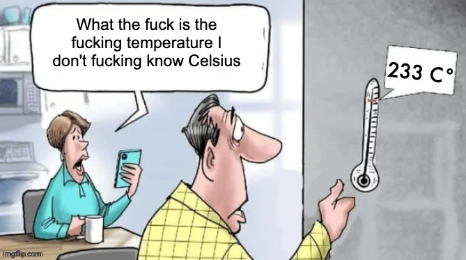Fahrenheit 451 | What the fuck is the fucking temperature I don't fucking know Celsius; 233 C° | image tagged in fahrenheit 451 | made w/ Imgflip meme maker