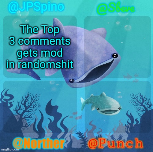 Spino, sbeve, norther, punch shared temp | The Top 3 comments gets mod in randomshit | image tagged in spino sbeve norther punch shared temp | made w/ Imgflip meme maker