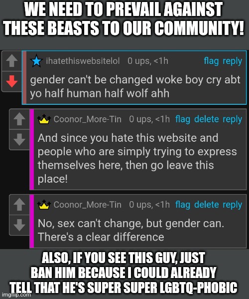 This wasn't intended to start a war/raid, nor to try to ban people outside of this stream, this is just a warning for IF he come | WE NEED TO PREVAIL AGAINST THESE BEASTS TO OUR COMMUNITY! ALSO, IF YOU SEE THIS GUY, JUST BAN HIM BECAUSE I COULD ALREADY TELL THAT HE'S SUPER SUPER LGBTQ-PHOBIC | image tagged in lgbtq | made w/ Imgflip meme maker