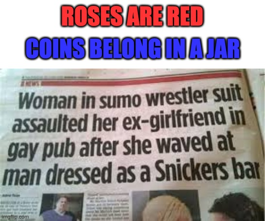 ROSES ARE RED; COINS BELONG IN A JAR | image tagged in memes,funny,funny memes | made w/ Imgflip meme maker
