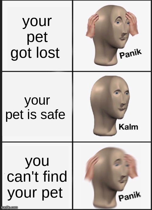 Panik Kalm Panik | your pet got lost; your pet is safe; you can't find your pet | image tagged in memes,panik kalm panik | made w/ Imgflip meme maker