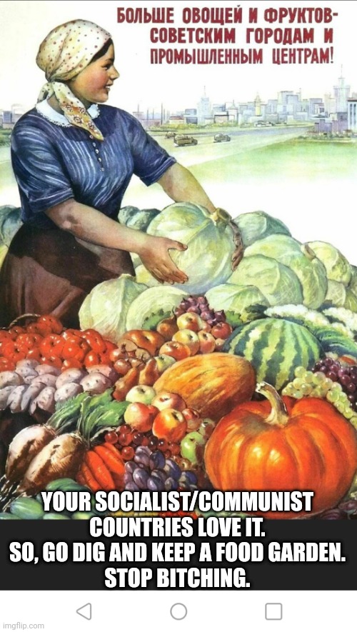 YOUR SOCIALIST/COMMUNIST COUNTRIES LOVE IT.
SO, GO DIG AND KEEP A FOOD GARDEN.
STOP BITCHING. | made w/ Imgflip meme maker