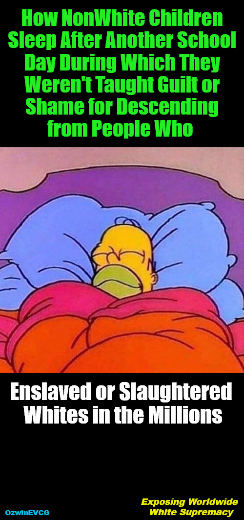 Exposing Worldwide White Supremacy #LeftistsClaimTheDarnedestThings | How NonWhite Children 

Sleep After Another School 

Day During Which They 

Weren't Taught Guilt or 

Shame for Descending 

from People Who; Enslaved or Slaughtered 

Whites in the Millions; Exposing Worldwide 

White Supremacy; OzwinEVCG | image tagged in homer simpson sleeping peacefully,leftist claims,antiwhite planet,liberal logic,childhood innocence,clown world | made w/ Imgflip meme maker