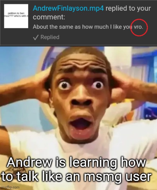 Andrew is learning how to talk like an msmg user | image tagged in surprised black guy | made w/ Imgflip meme maker